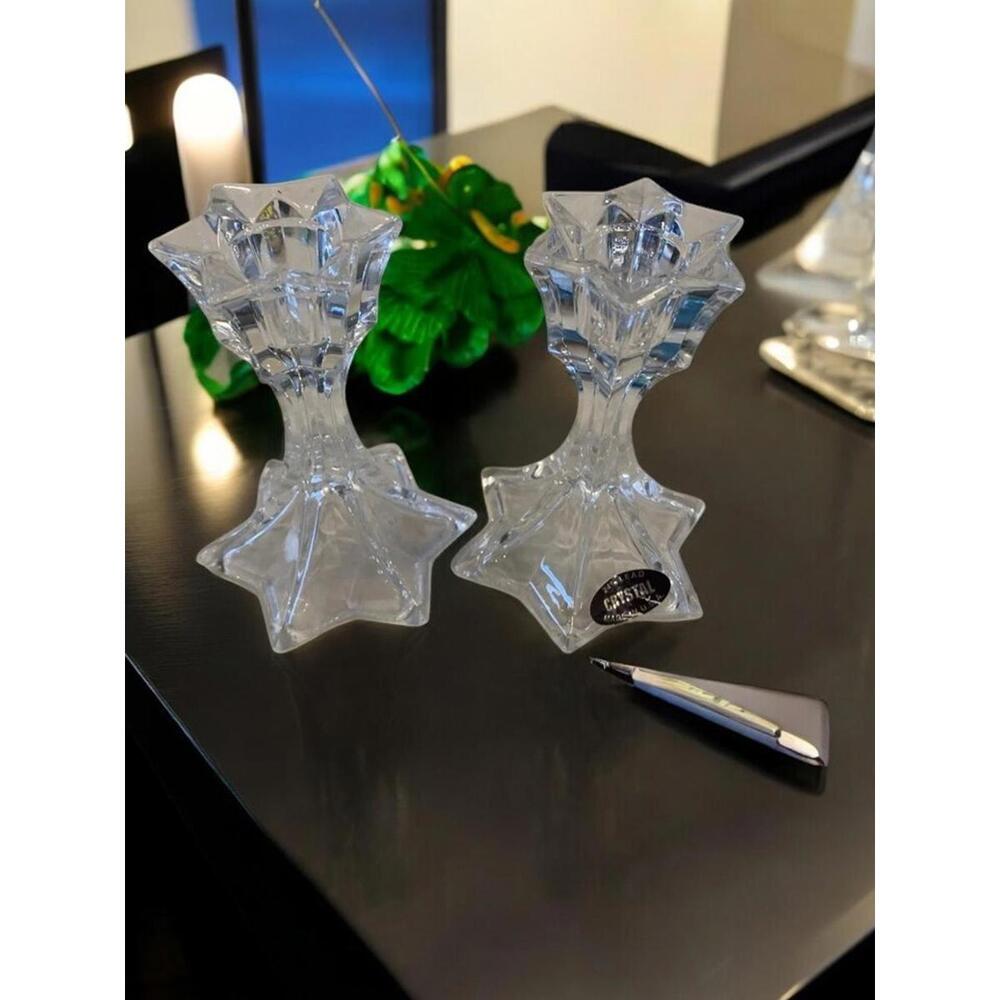 Star 5 Point 24% Lead Crystal Star Shaped Taper Candle Holder SET of 2 Vintage